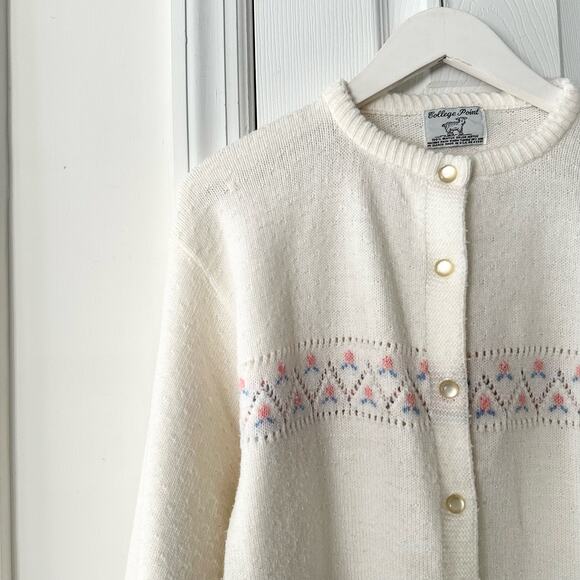 College Point Wintuk Orlon Acrylic Beige Cottagecore Floral Print Cardigan M USA - Picture 2 of 10